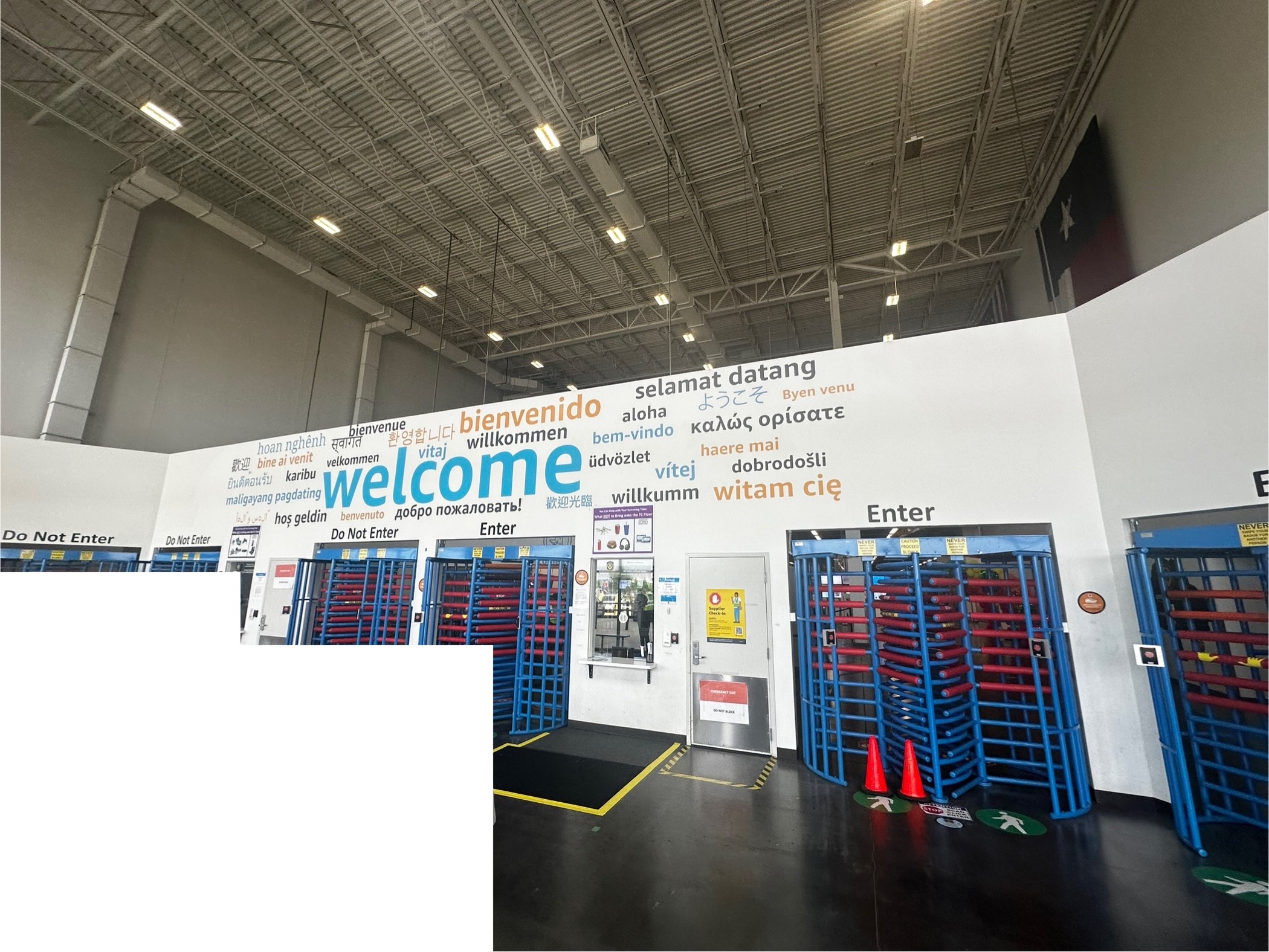 The industrial foyer entry space at Amazon SAT2