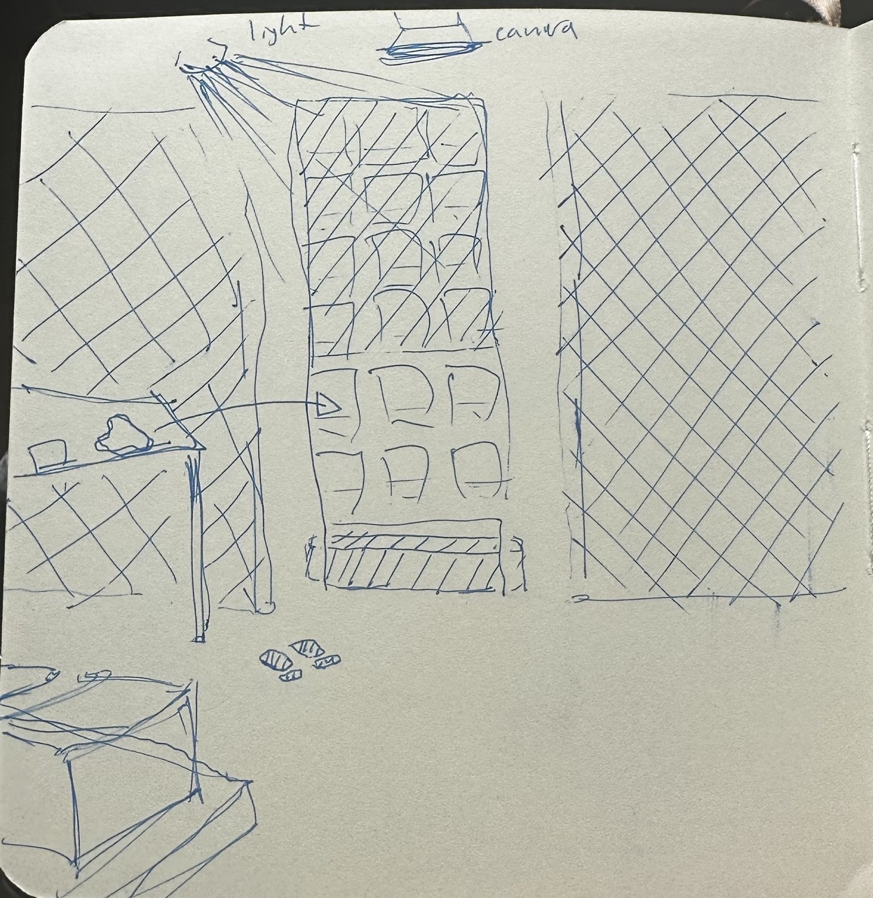 Hand-drawn doodle of a stow station with inventory pod and lit cubbies