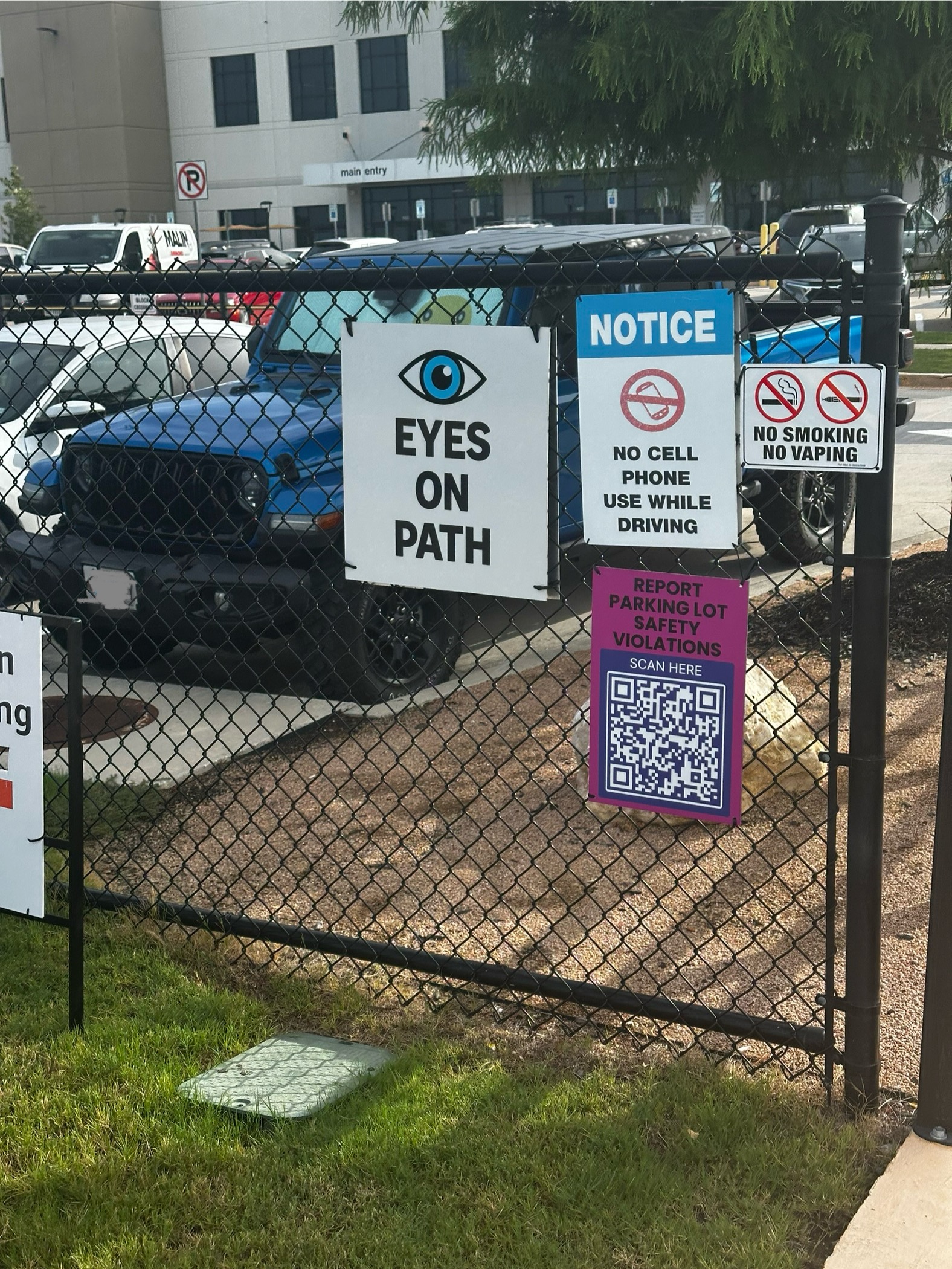 Collage of safety signs in the Amazon parking lot