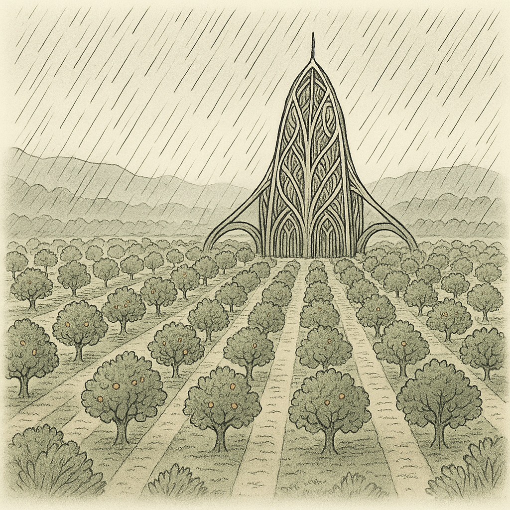 Approach to the arsarium orchard, arcing rows of trees around a glass and steel temple