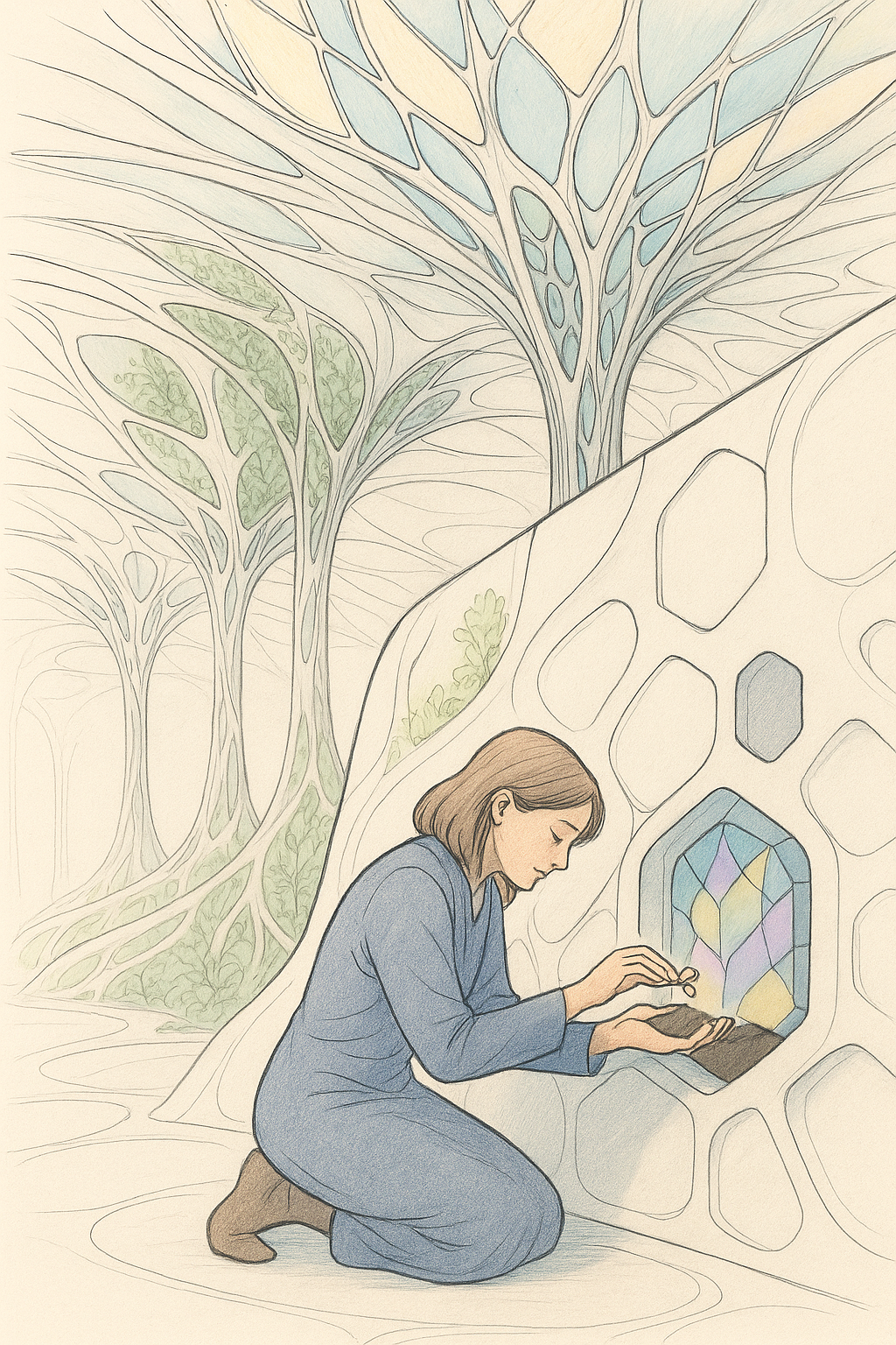 Aurora kneeling at a small prismatic cubby in the arsarium wall, planting a seed