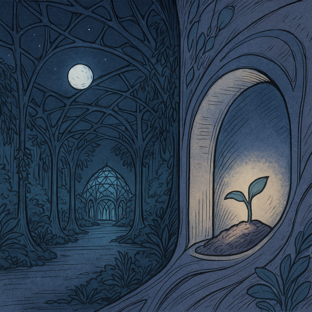 Moonlit temple under clear night skies