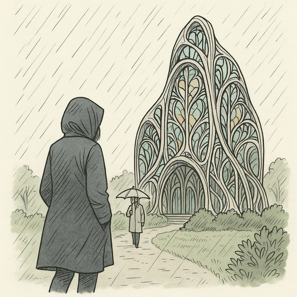 Walking up toward the arsarium, printed steel structure rising into colored glass latticework