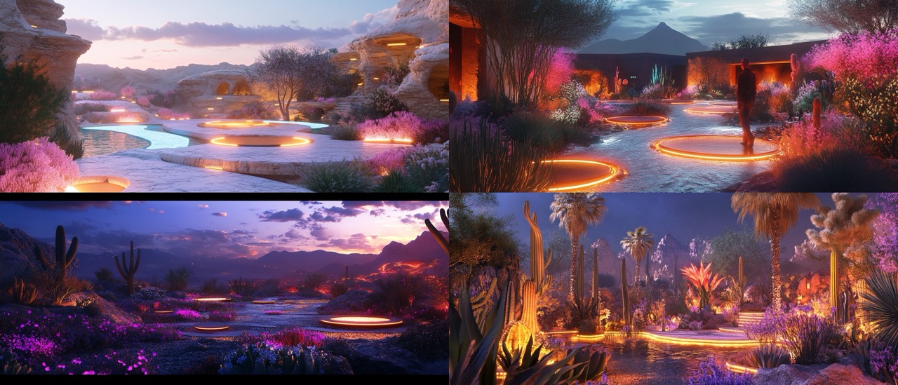 Midjourney render of a blooming desert garden oasis with glowing heating elements