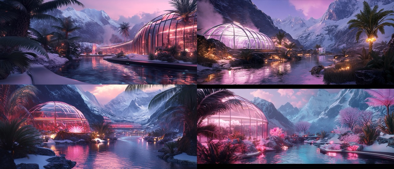 Midjourney render of a futuristic greenhouse in the mountains with glowing plants