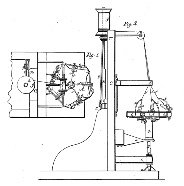 Wilder's 1866 patent illustration for a spider silking mechanism